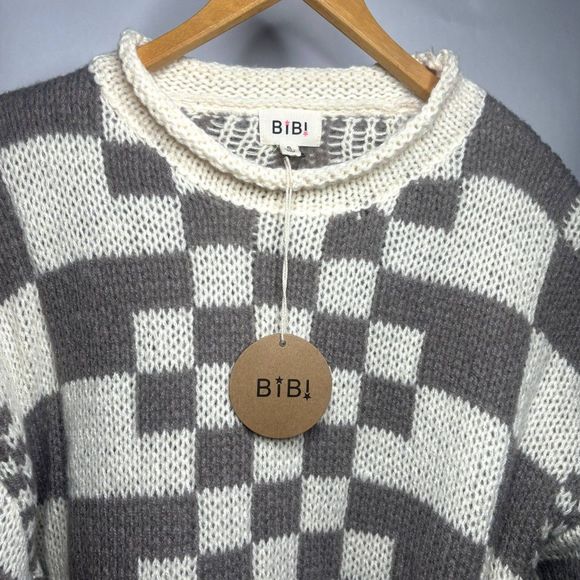 NWT Bibi Mixed Checkered Chunky Knitted Sweater Comfy Mocha Brown Beige Womens - Picture 2 of 8
